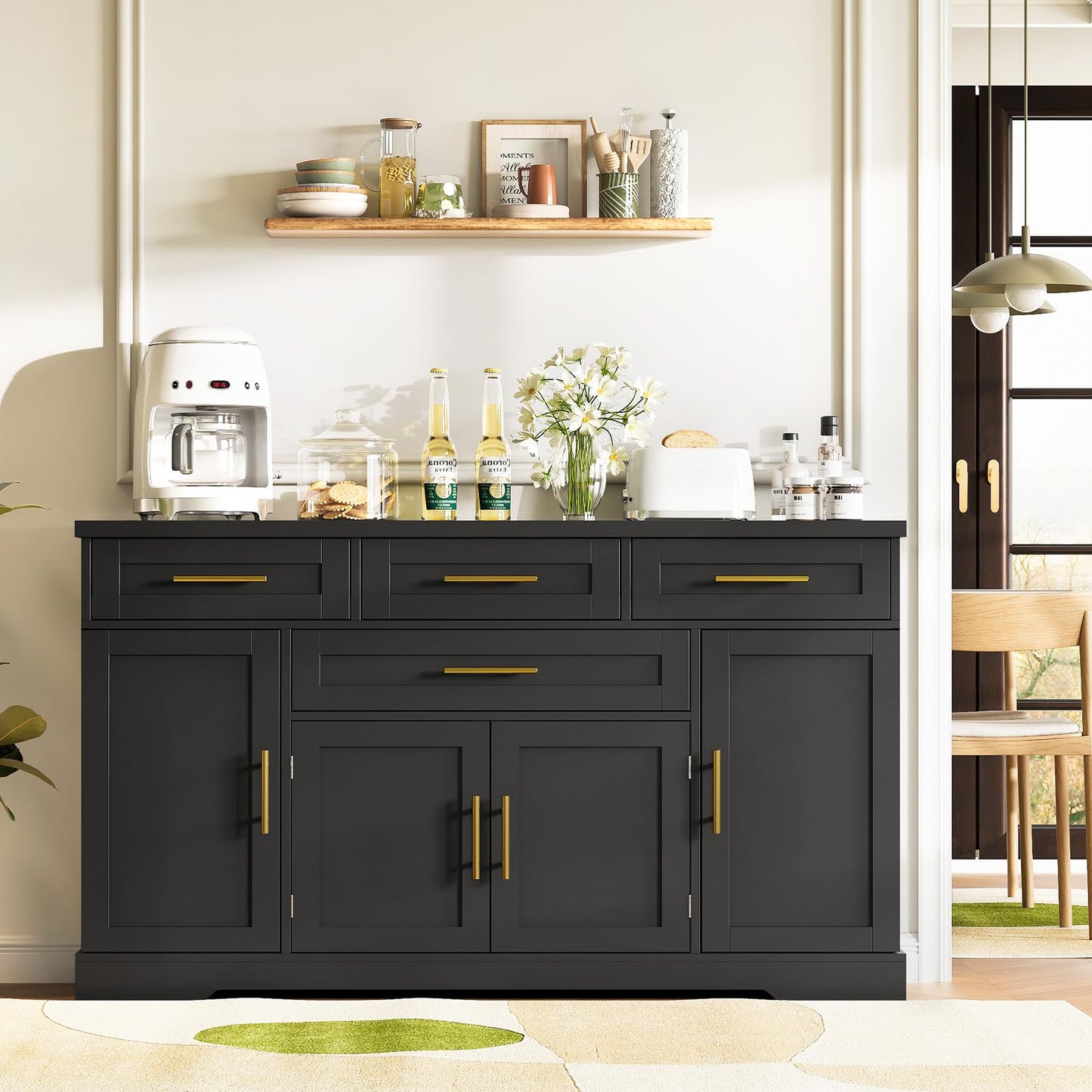 Concho 54" Buffet Cabinet with Storage, Kitchen Sideboards Small Coffee Bar Cabinet with 4 Drawers, Modern Kitchen Storage Cabinet for Living Room, Jet Black