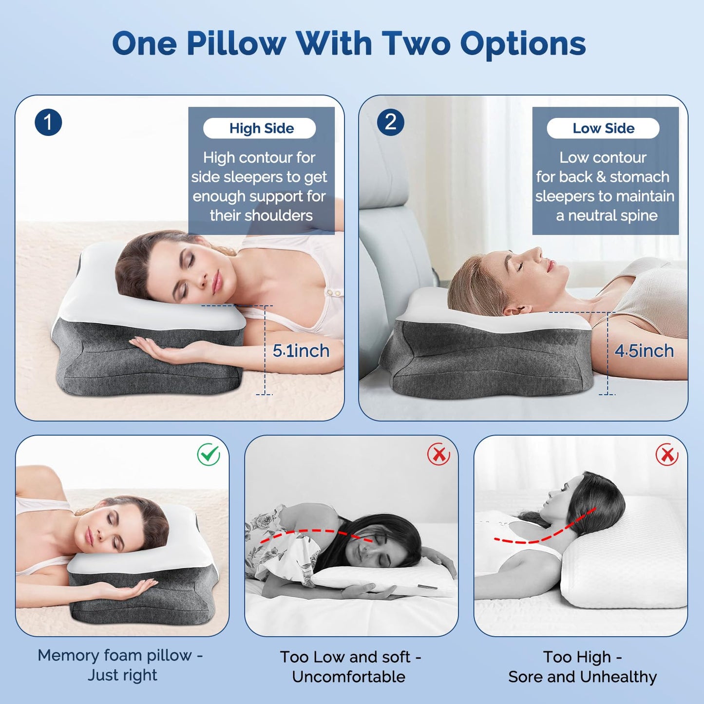 Cervical Neck Pillow, Ergonomic Side Sleeper Pillow for Neck Support, Cooling Memory Foam Pillows for Sleeping, Contour Orthopedic Bed Pillows for Side Back Stomach Sleepers with Removable Pillowcase