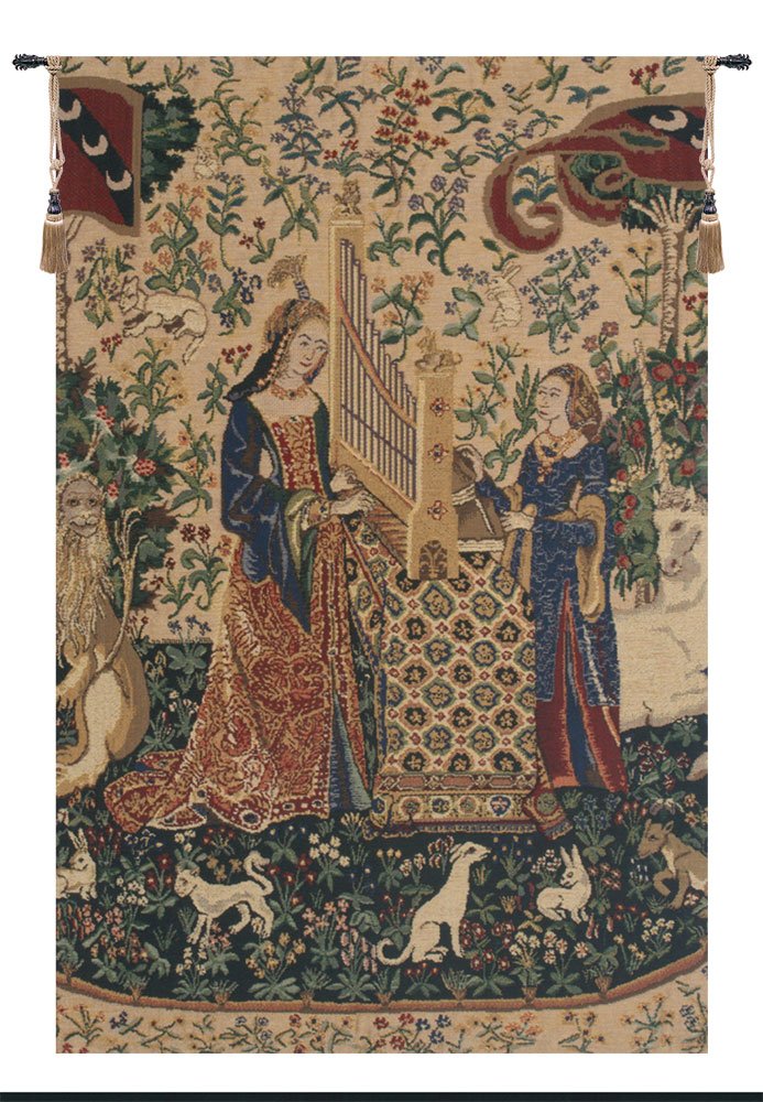 C Charlotte Home Furnishings Inc Lady and the Organ Beige Belgian Tapestry Wall Hanging | Viscose Cotton and Polyester Blend Wall Art | 33 in. x 21 in | Home Decor Accents