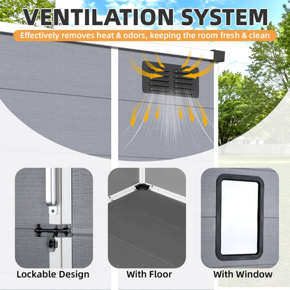 MELLCOM 5 x 4 FT Outdoor Storage Tool Shed with Windows and Lockable Door, Resin Outdoor Storage Shed with Floor, Resin Garden Shed for Garbage Can, Lawnmower, Bike