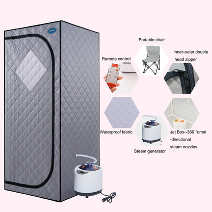 Full Size Portable Grey Steam Sauna Tent–Personal Home Spa, with Steam Generator, Remote Control, Foldable Chair, Timer and PVC Pipe Connector Easy to Install.Fast Heating, with Fcc Certification