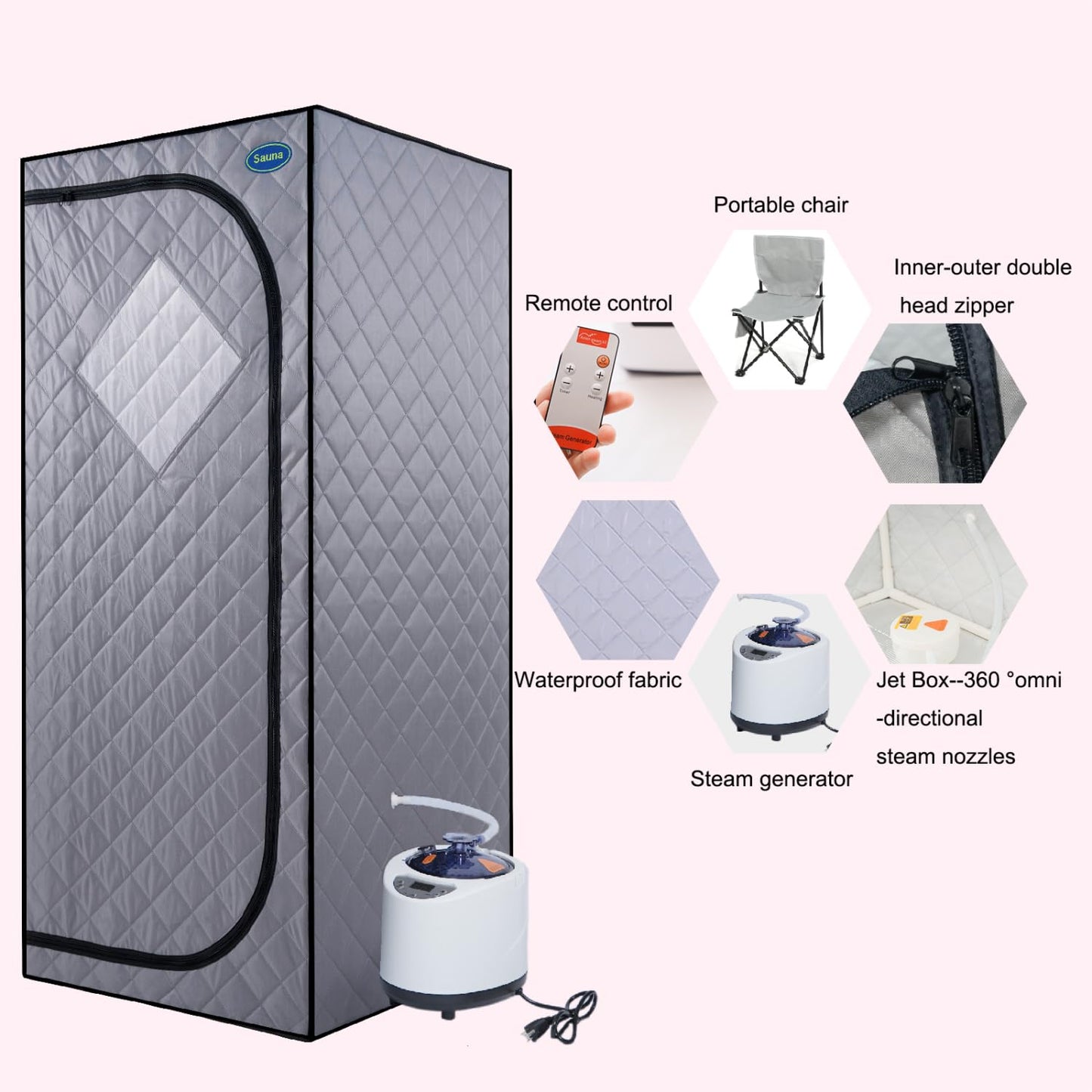 Full Size Portable Grey Steam Sauna Tent: Personal Home Spa with Steam Generator, Remote, Timer, & Foldable Chair