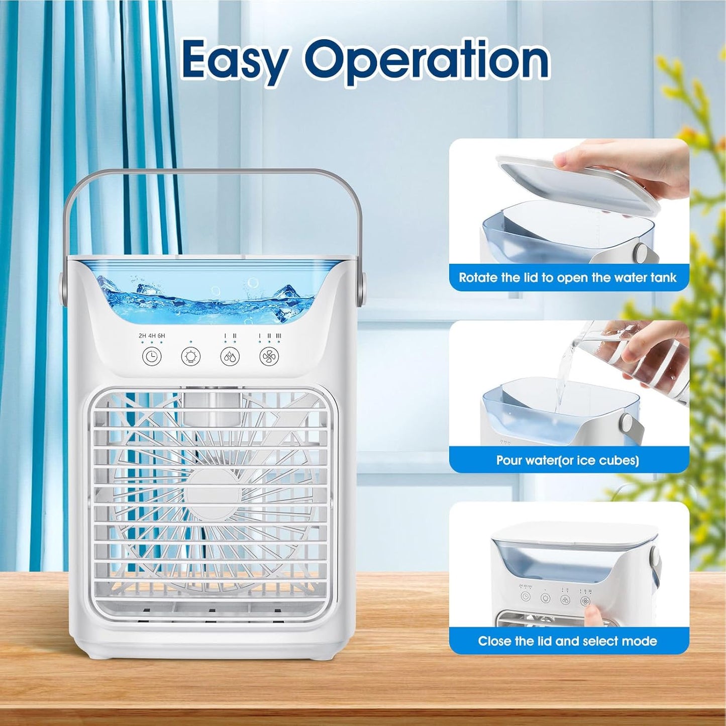 Portable Air Conditioner Fan 4 in 1, 700ML Mini Cooler with Touchscreen, 3 Speed Humidify & 7 LED Light