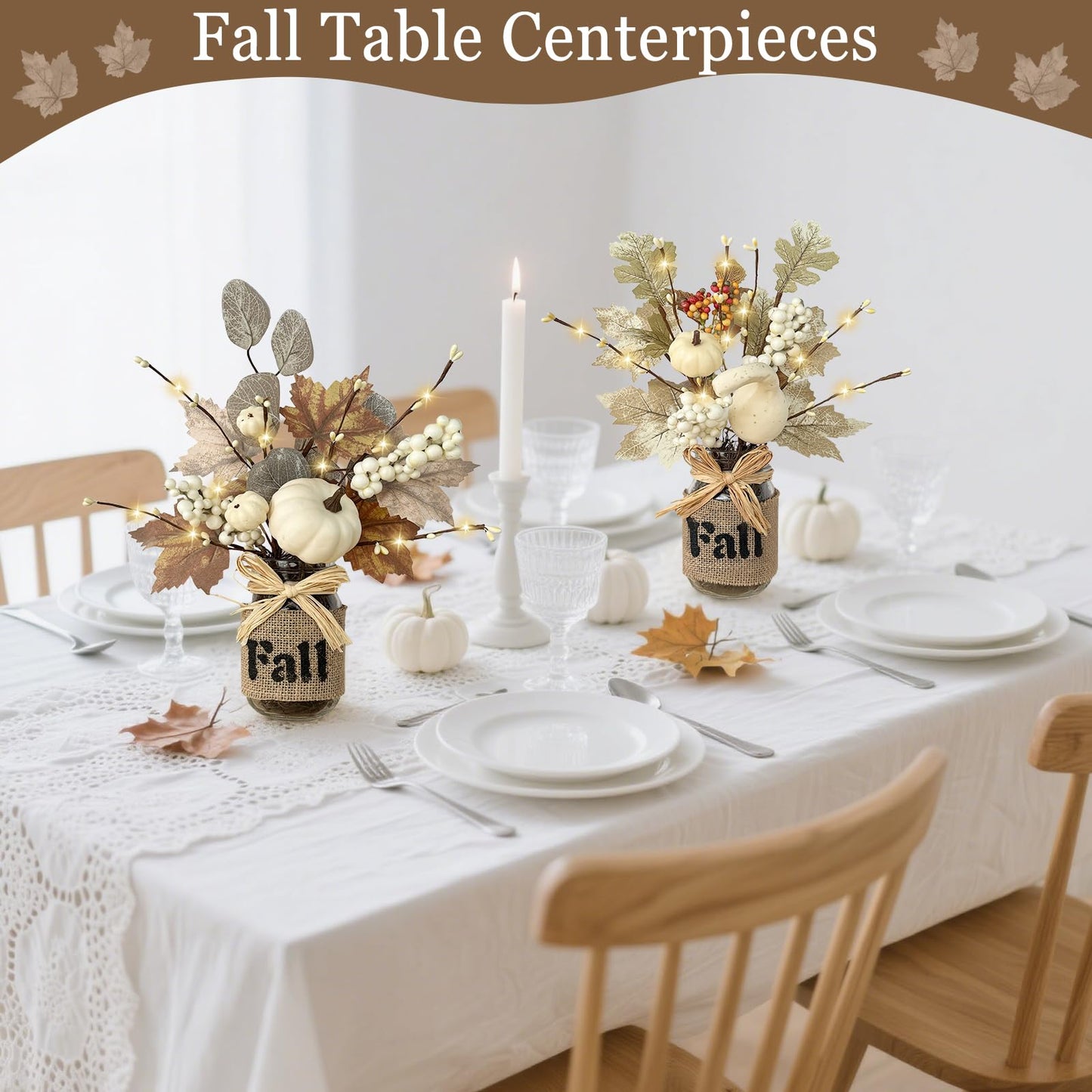 2 Pack 13.5 Inch Fall Decorations Fall Table Decor, Mason Jar with Maple Leafed Pumpkins Berried 20 LED Lights Timer Thanksgivings Fall Centerpieces for Dinner Table Kitchen Bathroom Office Home Decor