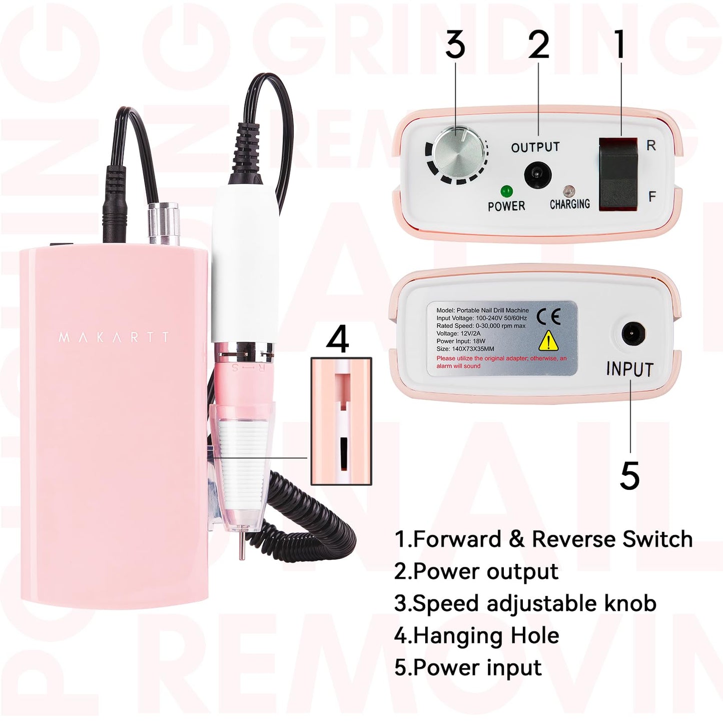 Makartt Nail Drill Professional: 60W 35000RPM Electric Nail File with Coreless Motor, 2 in 1 Desktop & Portable, Drill Bits and LCD Display for Acrylic Gel Nails, Nouvella Pink