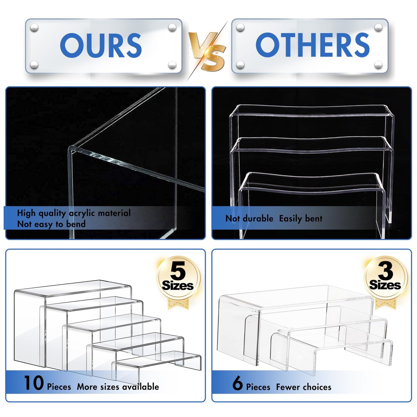 Aheroi Large Acrylic Risers, 10 Pcs 2 Set(7”L~8”L~9”L) Riser Display Shelf, Clear Rectangular Display Stands Set, Transparent Shelves for Decor, Showcase Holder for Cupcake