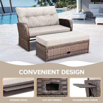 Bellefurn Outdoor Daybed, Patio Daybed Wicker Recliner for Two with Multifunctional Recliner and Stowable Side Tray, 5 Level Adjustable Backrest (Beige)