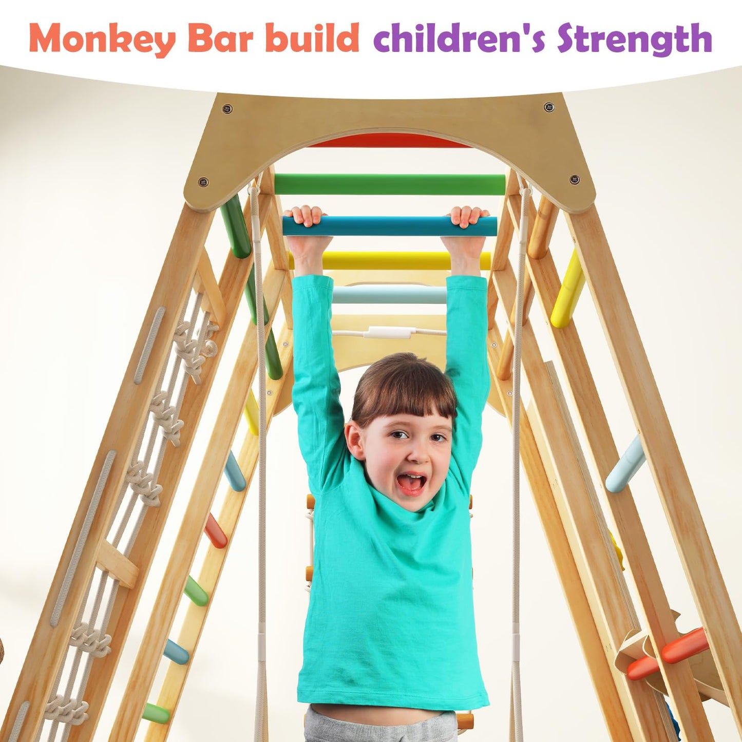 INFANS Indoor Jungle Gym, 8 in 1 Kids Montessori Indoor Playground Climbing Playset for Toddlers with Slide Swing Net Monkey Bars Rope Ladder, Wood Climber Toys for Boys Girls