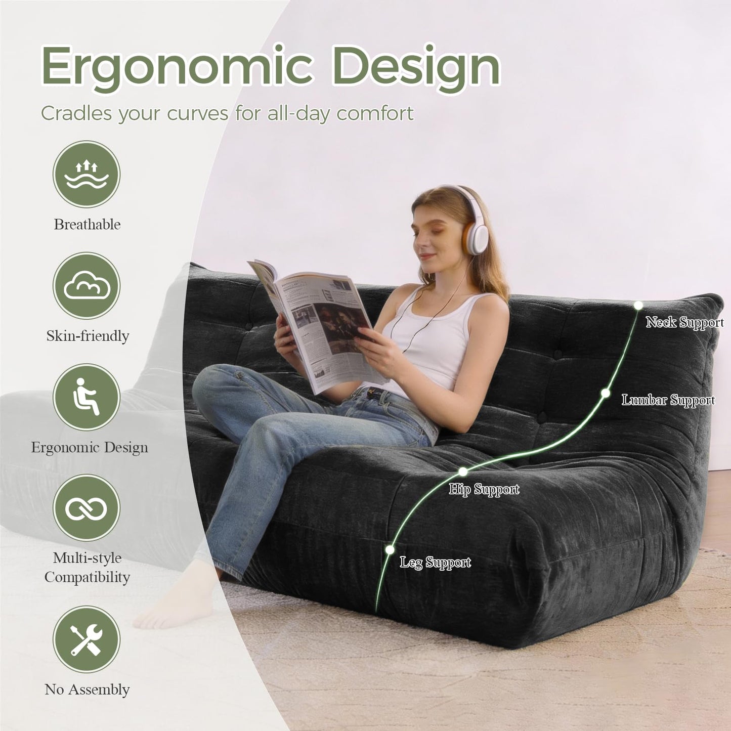 SUYOLS Bean Bag Chair, 3 Seater Fireside Chair Large Bean Bag Sofa for Adults, Memory Foam Chairs Gaming Chairs with Comfy Design & Soft Fabric, Lazy Floor Sofa for Living Room, Bedroom, Dark Gray