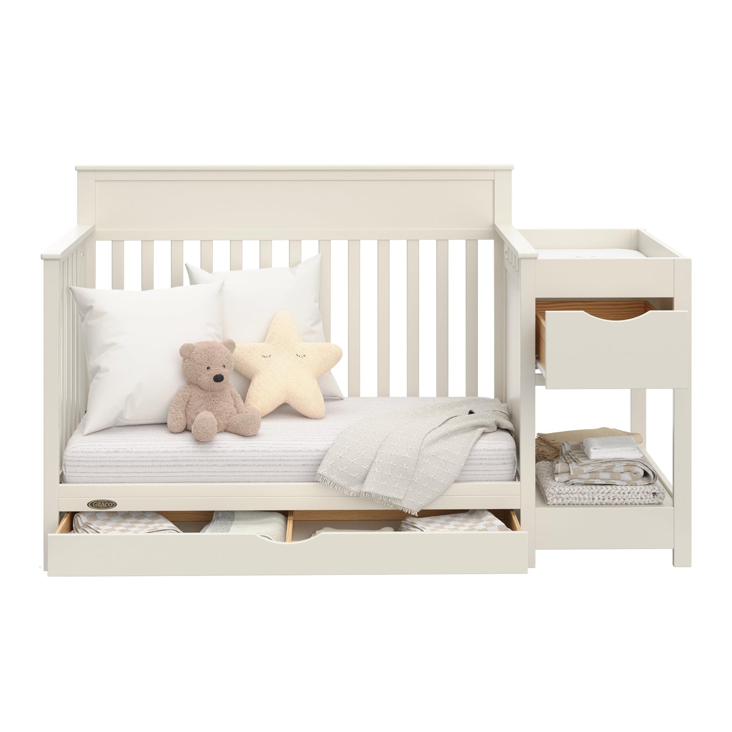 Graco Shiloh 5-in-1 Convertible Crib & Changer with Drawer – GREENGUARD Gold Certified Baby Crib Crafted from Wood, Converts to Toddler Bed, Daybed, and Full-Size Bed (Frosted Oat)