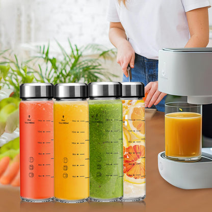Olivego 16oz Juice Bottles - 4 Pack Wide Mouth Glass Bottles with Lids- BPA Free, Stainless Steel Lids for Juicing, Smoothies, Infused Water, Beverage Storage - Leakproof, Borosilicate, Clear