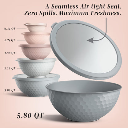 COOK WITH COLOR Mixing Bowls with Lids - 12 Piece Plastic Nesting Bowls Set includes 6 Prep Bowls and 6 Lids, Microwave Safe Mixing Bowl Set, Pink Embossed