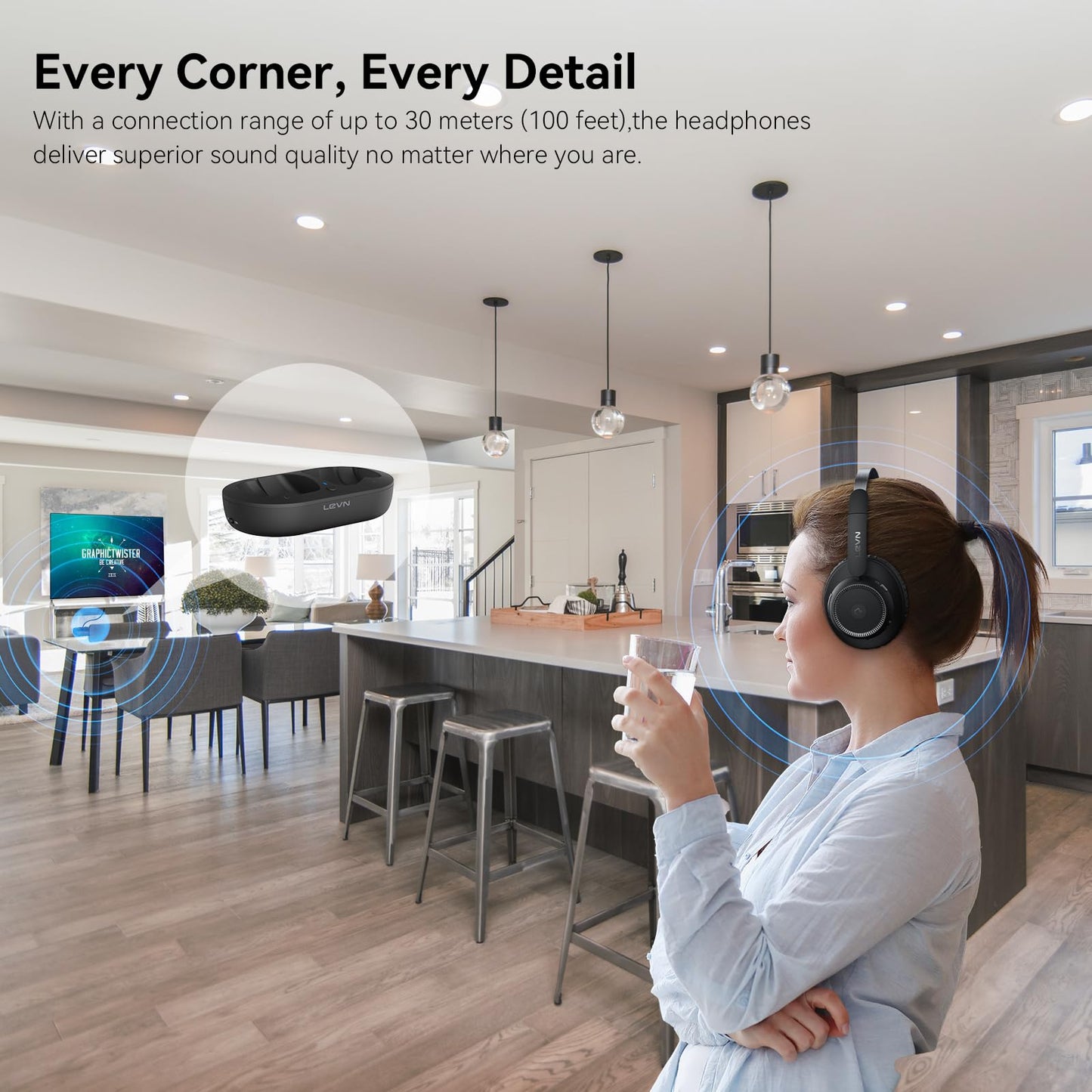 LEVN Wireless Headphones for TV Watching, TV Headphones Wireless for Seniors with Transmitter Charging Base, Hearing-impaired, No Audio Delay, Bluetooth 5.2, Plug and Play, Gifts for Elderly