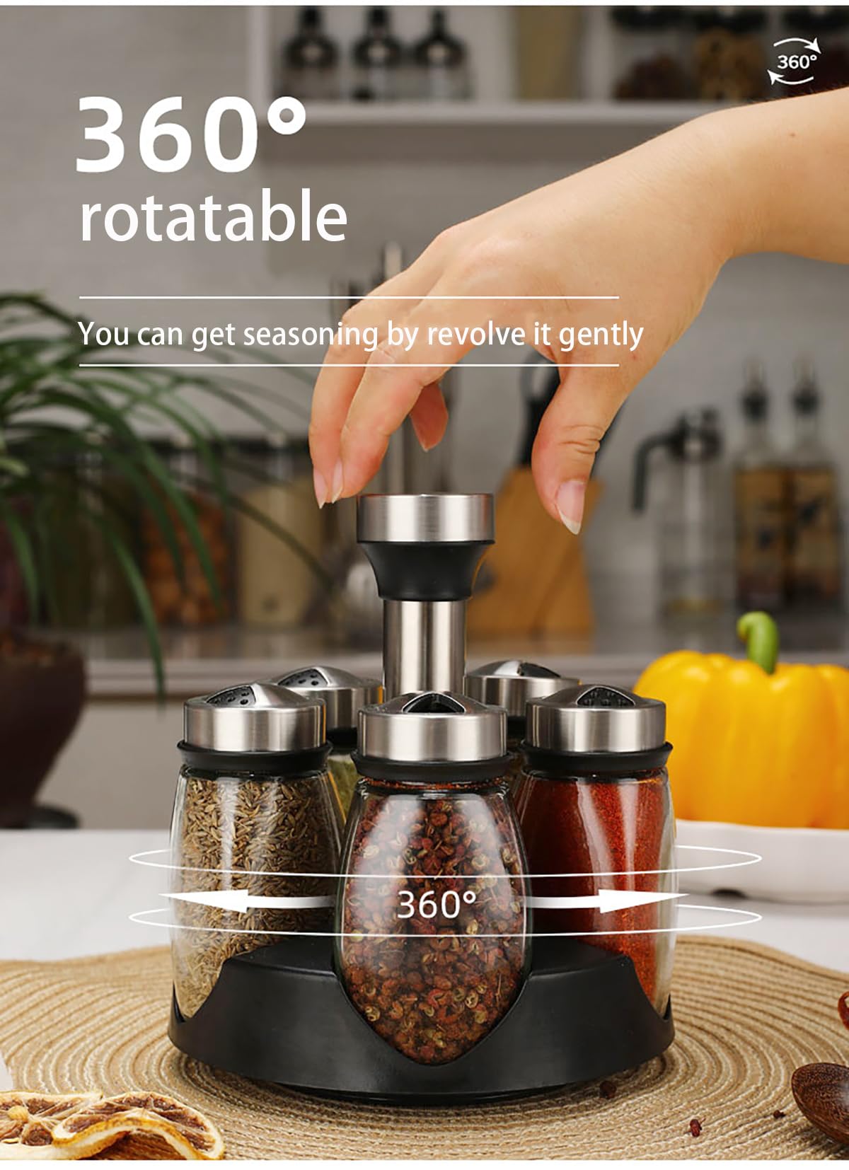 LCshuyao 360° Rotating Spice Rack, 6PC Spinning Glass Spice Jars Suitable for kitchen countertops, spice storage, cooking, outdoor BBQ,(Spices Not Included)