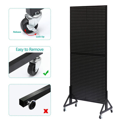 Eastern Tree 2.5'x 6' Metal Pegboard Display Stand with T-Base, Black Peg Board Panels Display with Casters, Standing Pegboard Display, Retail Display Stand, Extra 10 Pieces Hooks, Black