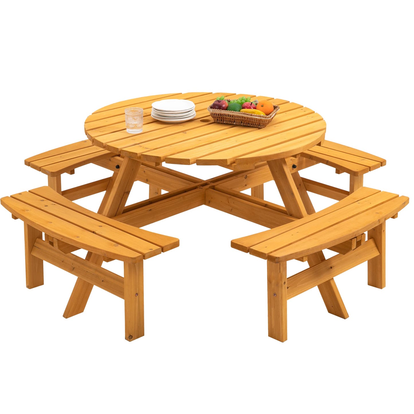 VroomAuto 8 Person Picnic Table Set with Benches, Solid Fir Wood Outdoor Dining Set, 43.3 Inch Round Table and 4 Foldable Benches for Patio Garden Camping, Natural Finish