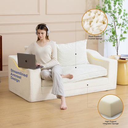 61" Convertible Sofa Bed Loveseat, Memory Foam Boneless Floor Couch with Removable Corduroy Cover, Tri-folding Compact Full-size Sleeper for Small Living Room, Playroom, Guest Room, RV (White)