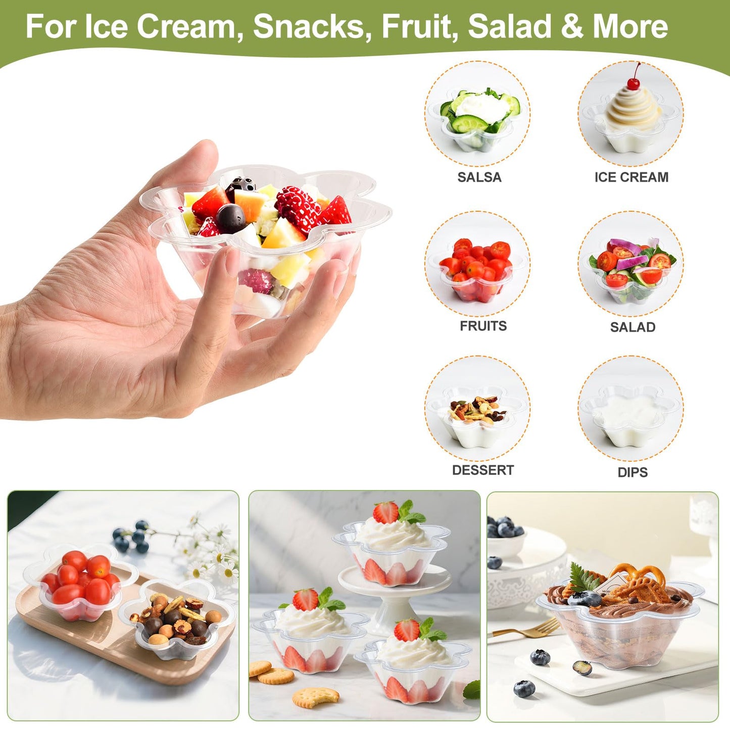 Clear Bowls, 100 PCS Ice Cream Cups, Christmas Candy Bowl, Small Disposable Clear Appetizer Serving Cup for Dessert Cake Snack Sundae Salad Nuts Snack for Party Favor Wedding Flower Shape (8OZ)