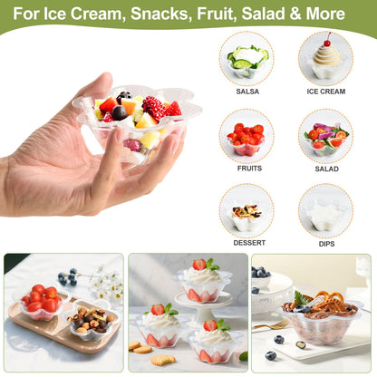 Clear Bowls, 100 PCS Ice Cream Cups, Christmas Candy Bowl, Small Disposable Clear Appetizer Serving Cup for Dessert Cake Snack Sundae Salad Nuts Snack for Party Favor Wedding Flower Shape (8OZ)