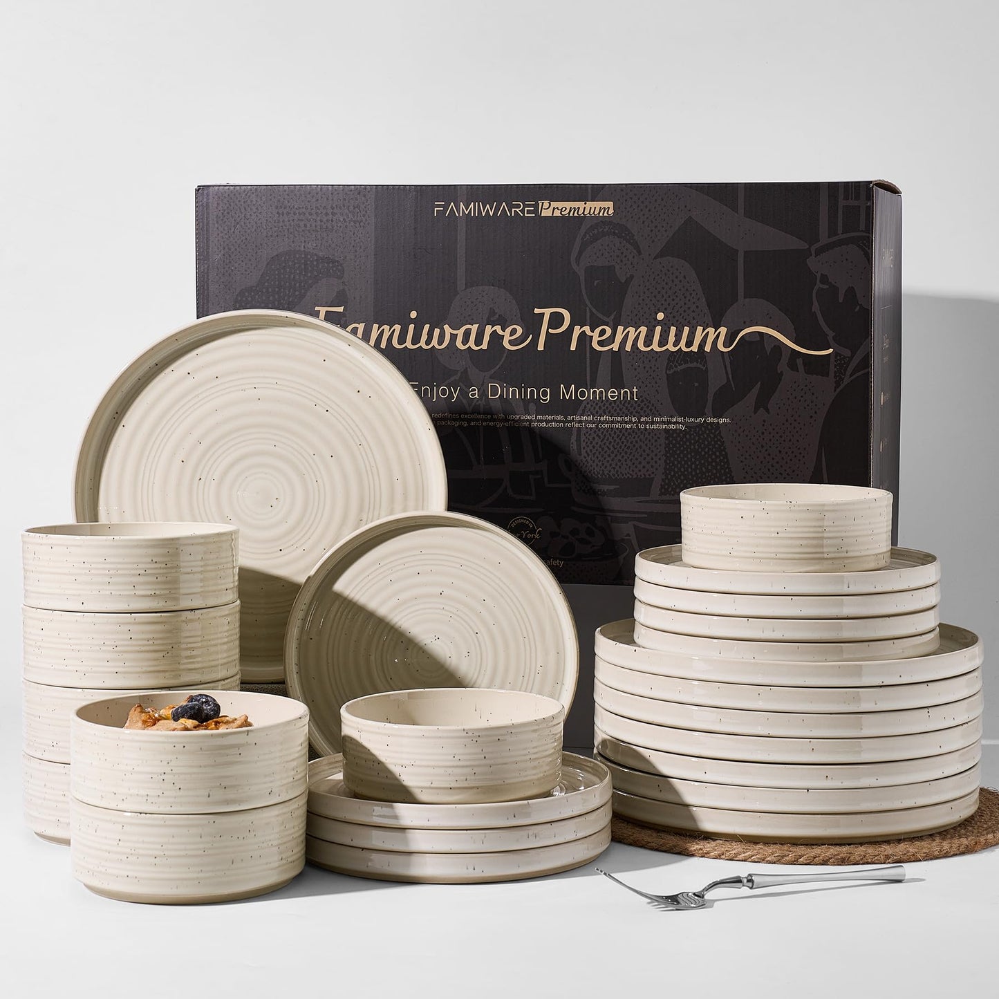 Famiware Premium 24-Piece Stoneware Dinnerware Set – High Edge Plates and Bowls with Reactive Glaze, Speckles & Spirals, Scratch Resistant Dishes, Dishwasher Safe, Service for 8, Gift Box, Shell Beige