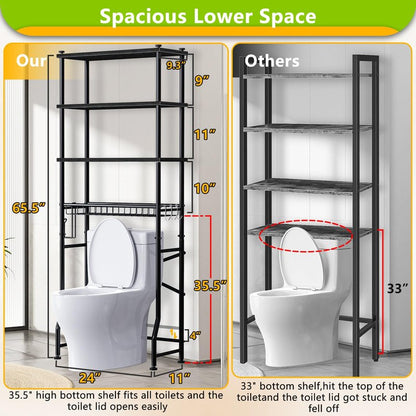 Mlinavn Over-The-Toilet Storage Rack, 4-Tier Bathroom Organizer Shelf Over Toilet with Adjustable Shelf and Basket, Freestanding Space Saver Bathroom Shelves Above Toilet for Room (Black)