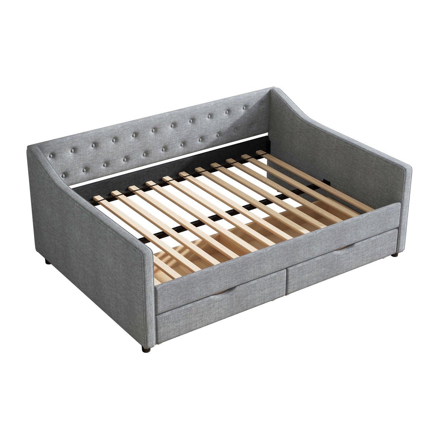 Ball & Cast Full Daybed W/ 2 Storage Drawers,Upholstered Day Bed W/Waved Shape Arms & Button Back,Sofa Bed for Bedroom,Guest Room,Living Room,No Box Spring Needed,Light Grey