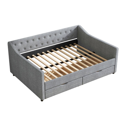 Ball & Cast Full Daybed W/ 2 Storage Drawers,Upholstered Day Bed W/Waved Shape Arms & Button Back,Sofa Bed for Bedroom,Guest Room,Living Room,No Box Spring Needed,Light Grey