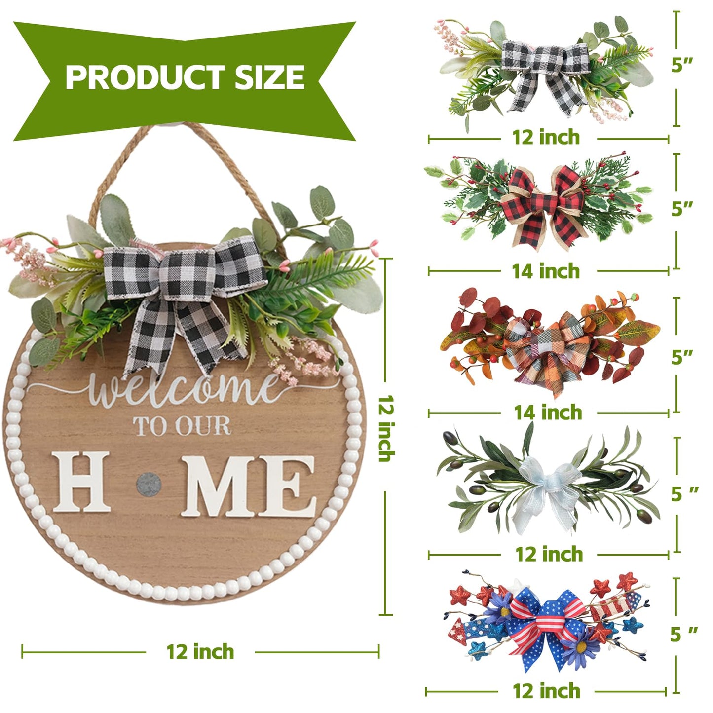 Idyllic 12 Inch Interchangeable Seasonal Welcome Sign Front Door Wreath Decor Wooden Plank with 5 Replaceable Wreaths and 12 Holiday Signs for Year Round Holiday Home Decor Front Door Fireplace