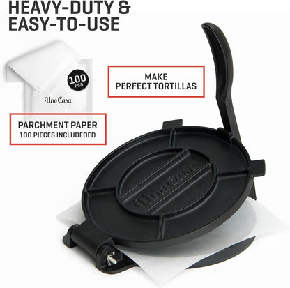 Uno Casa Cast Iron Tortilla Press 10 Inch - Tortilla Maker Press, Pre-Seasoned Roti Maker with 100 Pcs Parchment Paper - Heavy Duty Quesadilla Maker for Homemade Flatbreads, Rotis, Empanadas