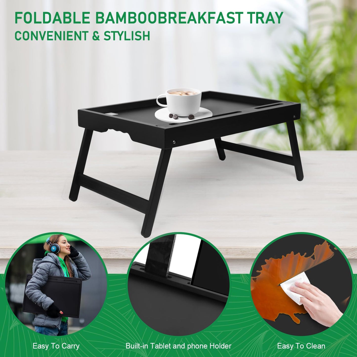 Bed Tray Table with Handles Folding Legs,Bamboo Breakfast Food Tray with Media Slot,Use As Platter,Laptop Desk,Snack,TV Tray Kitchen Serving Tray Black Large