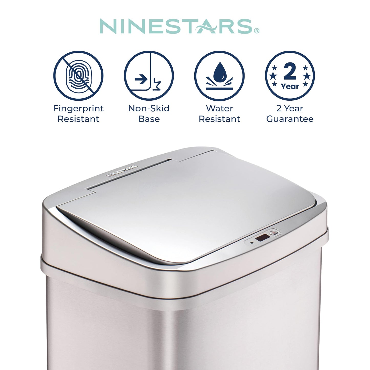 Ninestars 13 Gallon Automatic Trash Can, 50L Touchless Motion Sensor Garbage Can with Odor-Sealing Lid, Rectangular Stainless Steel, Silver Trim