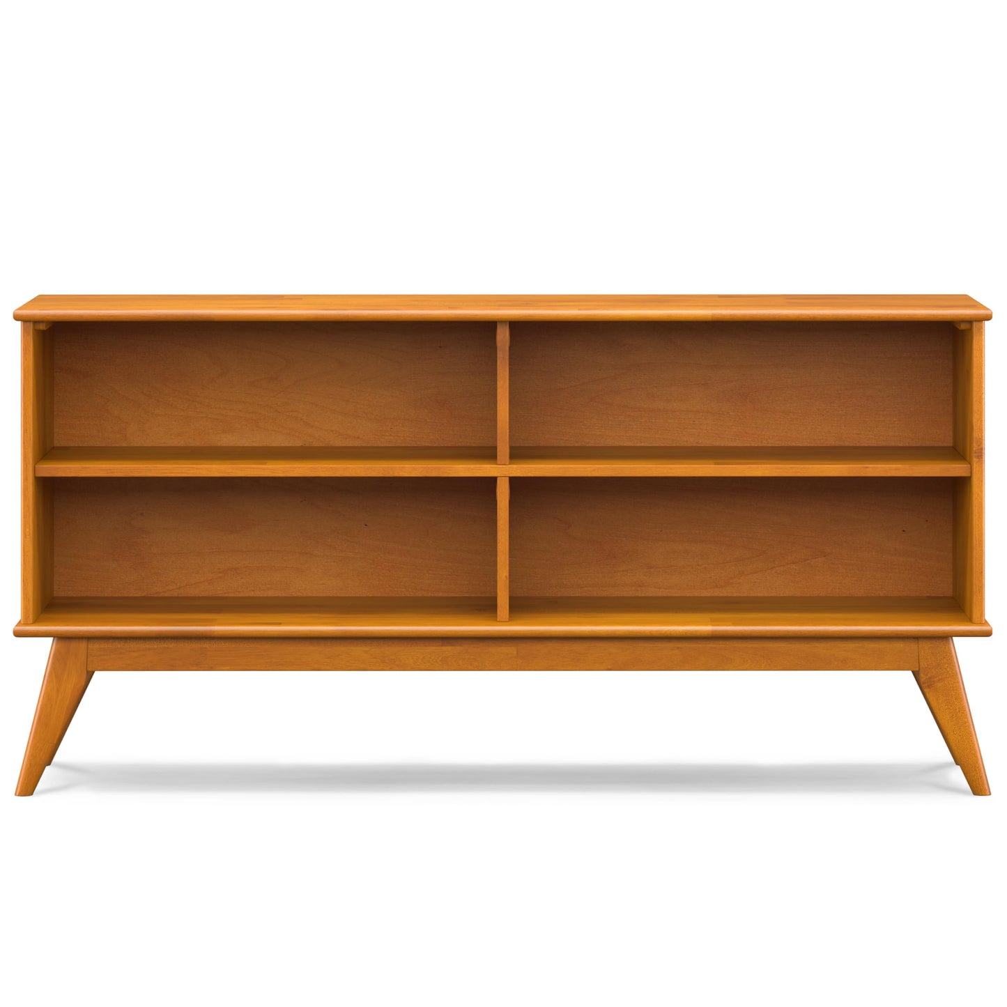 SIMPLIHOME Draper Bookcase - 30 inch Tall Solid Wood Low Bookshelf in Teak Brown, Mid-Century Modern Storage for Living Room, Study Room or Office with Tapered Legs and Wide Open Shelves