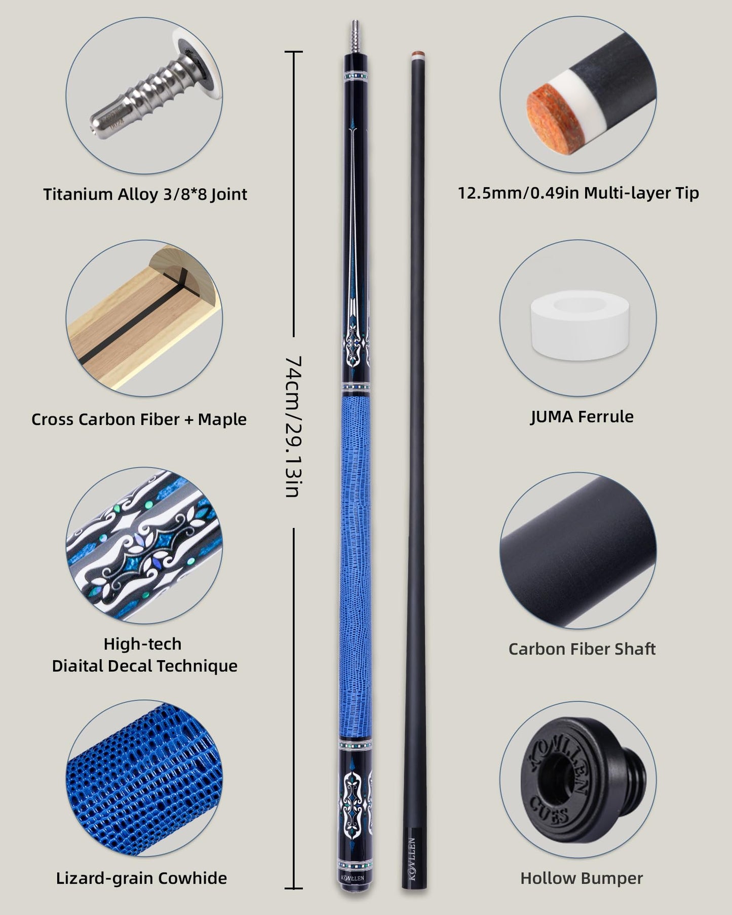 KONLLEN Carbon Fiber Pool Cue Stick Low Deflection Pool Cue Profession Billiards Cue Set for Adults with Billiards Accessories