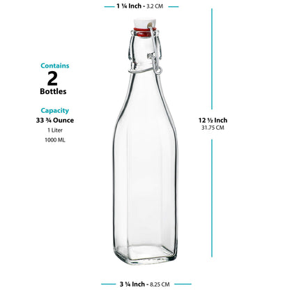 Clear SQUARE Swing Top Glass Bottles With Lids - 33.75 Oz - Airtight Flip Top Glass Water Bottles Great For Oil And Vinegar, Beverages, Juices, Smoothies - (2 Pack) (Not For Carbonated Beverages)