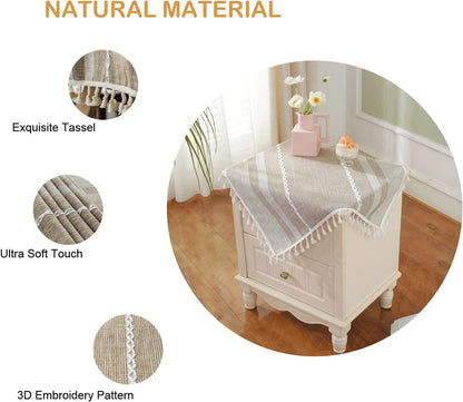 HPX HOME 2pcs 23 23 Inch, Linen Striped Small Tablecloth Square Cotton Tassel Bedside Table Cover Dust-Proof Washable