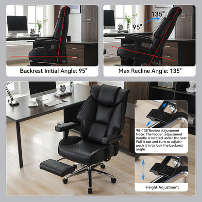 EXCEBET Big and Tall Office Chair with Footrest, PU Leather High Back Executive Office Chair 400lbs, Ergonomic Computer Chairs Lumbar Support for Heavy People (All Black)