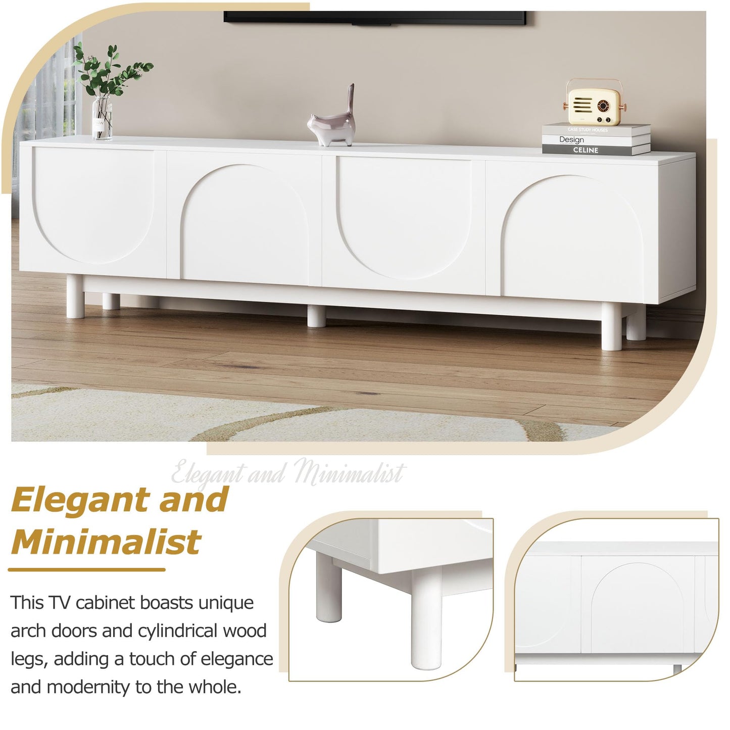 Ball & Cast Modern TV Stand with Arch Cabinets for TVs up to 78", Minimalist Entertainment Center w/Solid Wood Legs and Adjustable Shelves, Media Console for Living Room,White