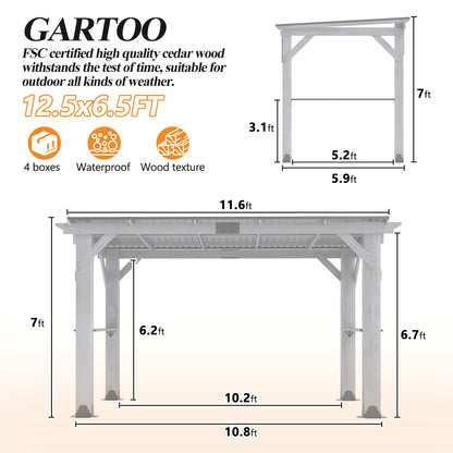 GARTOO 12.5'x6.5' Outdoor Grill Gazebo - Hardtop Cedar Wood Gazebo with 2 Side Shelves and Galvanized Steel Roof, Patio Wooden BBQ Pergola for Garden, Porch and Backyard