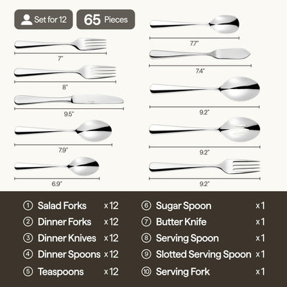Luciella Tropea Flatware Set for 12, 65-Piece Premium 18/10 Stainless Steel Silverware Set with Serving Utensils, Modern Mirror Finish, Rust Resistant, Dishwasher Safe, House Warming Gifts New Home