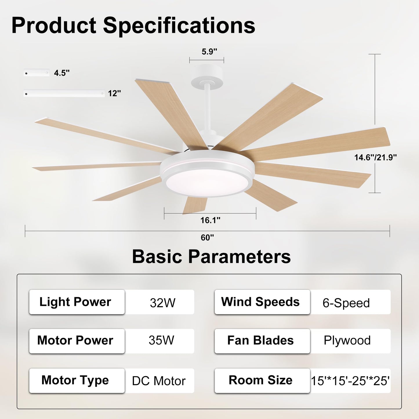 WINGBO 60" Ceiling Fan with Light - Large LED Dimmable Light, 6-Speed Remote Control, Reversible DC Motor, Modern Ceiling Fan 9 Blades for Bedroom, Living Room, Indoor Outdoor White and Oak