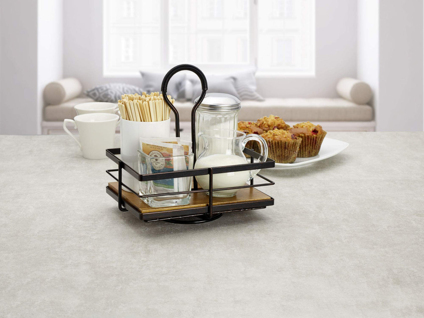 Gourmet Basics by Mikasa Nova Rotating Condiment Caddy, Handcrafted Iron and Acacia Wood Table Organizer with Spinning Platform and Carrying Handle, Contemporary Black Finish, 8.75 x 7 x 9.25 Inches