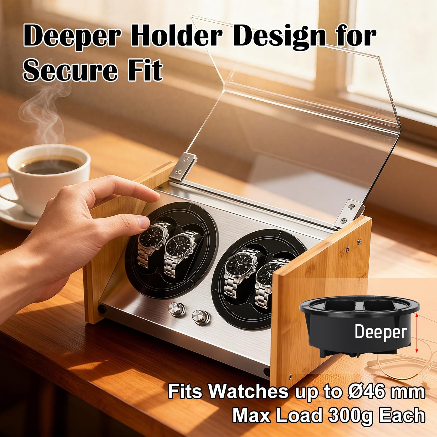 Watch Winder Smith Real Bamboo 4 Watch Winders for Automatic Watches, Precision Engineered Quiet 4 Modes Rotation and Dual Power Flexibility AC/DC