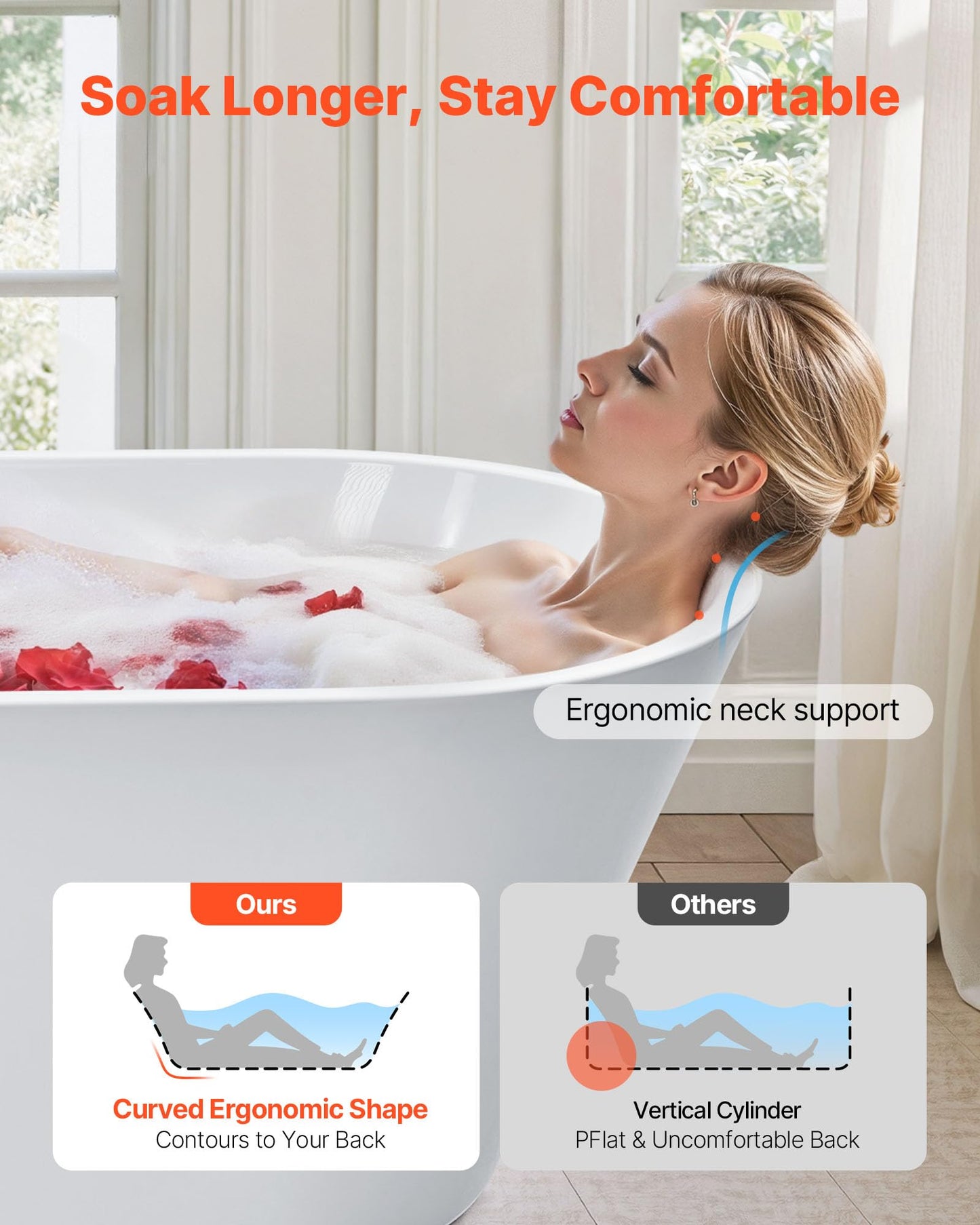 VEVOR Acrylic Freestanding Bathtub, 59 Inch Contemporary Soaking White Tub with Brushed Nickel Overflow and Drain, Elegant Oval Shape Stand Alone Soaker Tub for Modern Bathroom or Remodel Projects