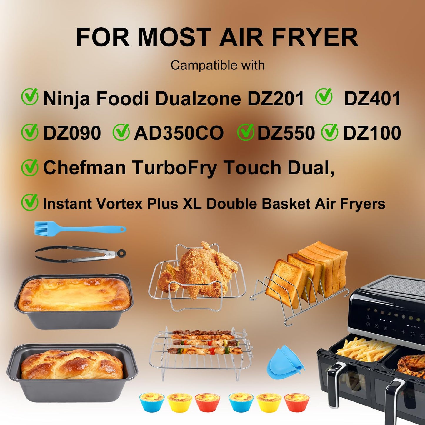 Air Fryer Accessories, 16pcs Set for Ninja DZ401 DZ201 Foodi Dualzone Air Fryers with 100pcs Air Fryer Liners, 2 Non-Stick Pans, Bread,Toasting,Skewer Racks, Food clip, 6 Cake Cups, 2 Mitts