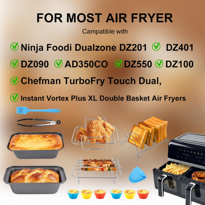 Air Fryer Accessories, 16pcs Set for Ninja DZ401 DZ201 Foodi Dualzone Air Fryers with 100pcs Air Fryer Liners, 2 Non-Stick Pans, Bread,Toasting,Skewer Racks, Food clip, 6 Cake Cups, 2 Mitts
