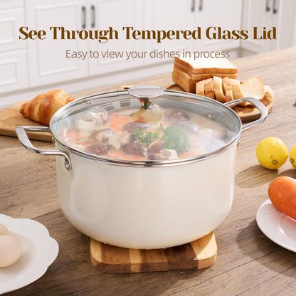 Ceramic Nonstick Stock Pot with Lid 8 QT Large Induction Cooking Pot with Stainless Steel Handles, Non Toxic Soup Pot for Stews, Oven & Dishwasher Safe, Cream White