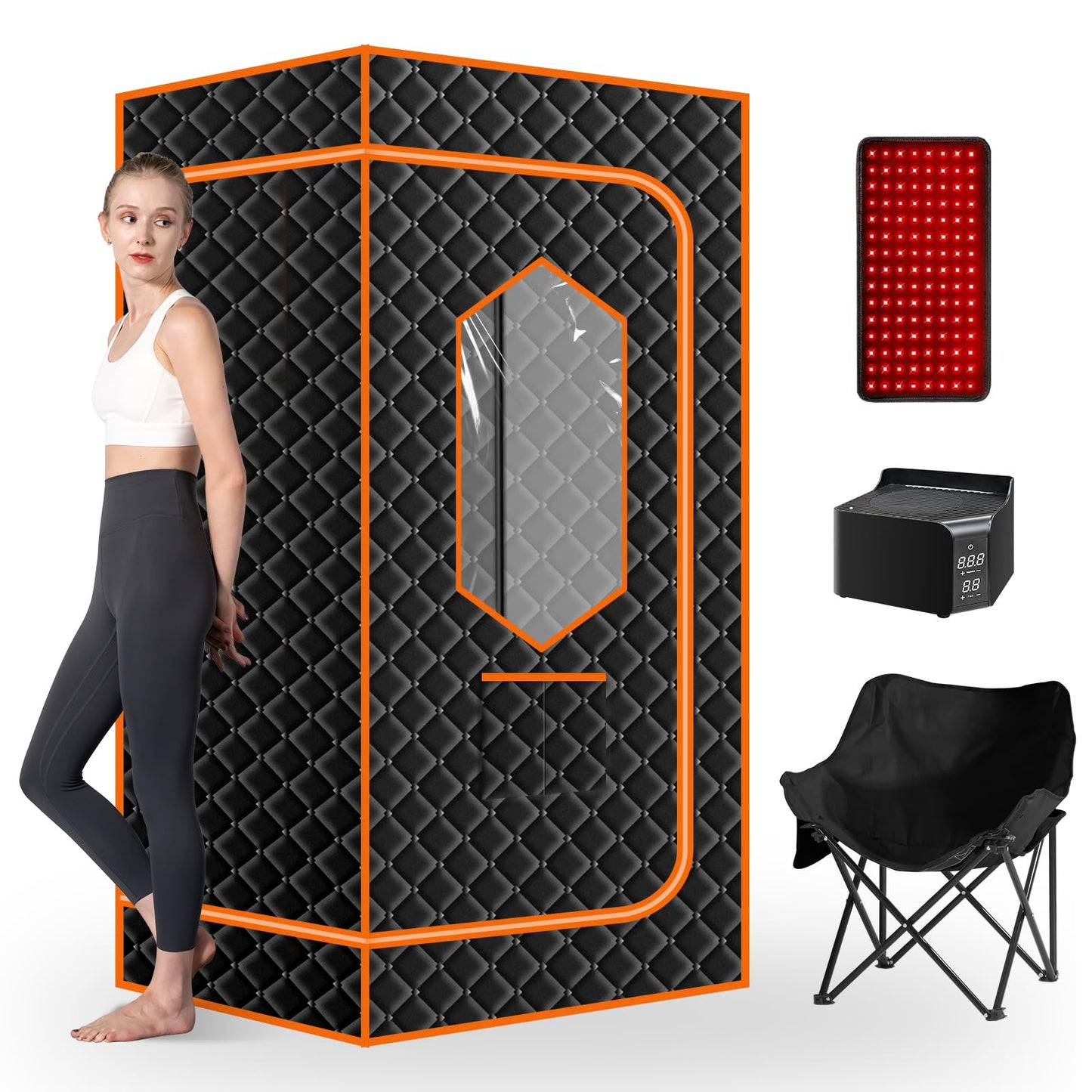 Smartmak Portable Steam Sauna, Personal Steam Sauna Box, Indoor Steam Sauna for Home, with 4L 1600W Steamer, Remote Control, Folding Chair (Orange, 33.8 * 33.8 * 65.7inch)