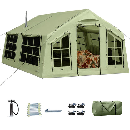 KNUO 2026 Upgraded 100% Waterproof Inflatable Camping Tent for 6~8 People, Large Blow-Up Air Tent, No Assembly Needed Luxury Glamping House, 12x15ft Oxford Fabric, Green