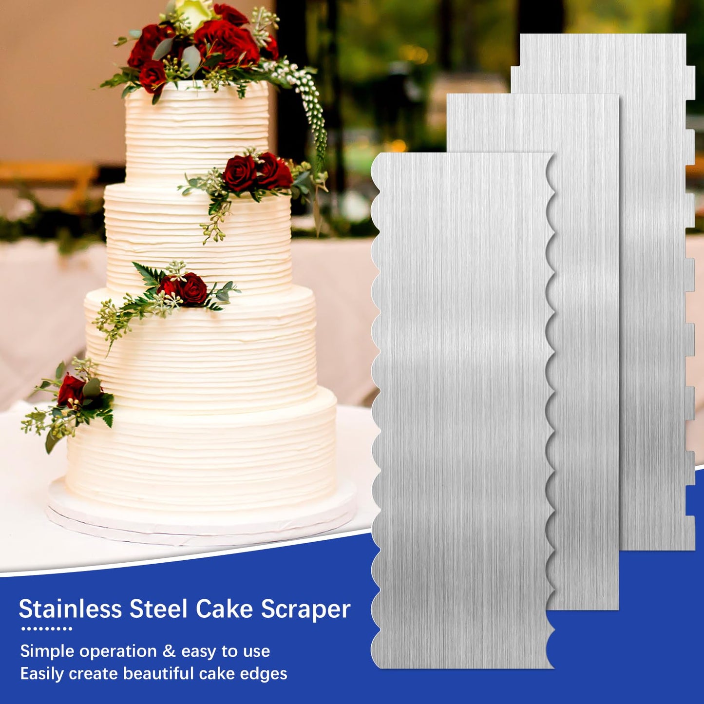 3 Pcs Stainless Steel Cake Scraper, 8.6-inch Double Sided Patterned Edge Stripe Edge Smoother Scraper, Cake Decorating Comb Metal Cake Scraper for Butter Mousse Cream Decoration