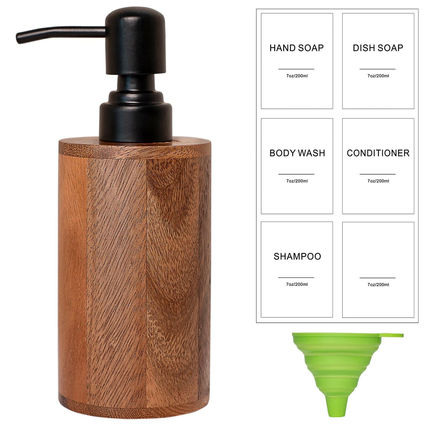 MIGAKU HOME Walnut Wood Soap Dispenser with Pump, Funnel & Label, Refillable Hand Soap Dispenser for Bathroom & Kitchen, Cylinder Design, Rustic Countertop Decor(7oz/200ml)